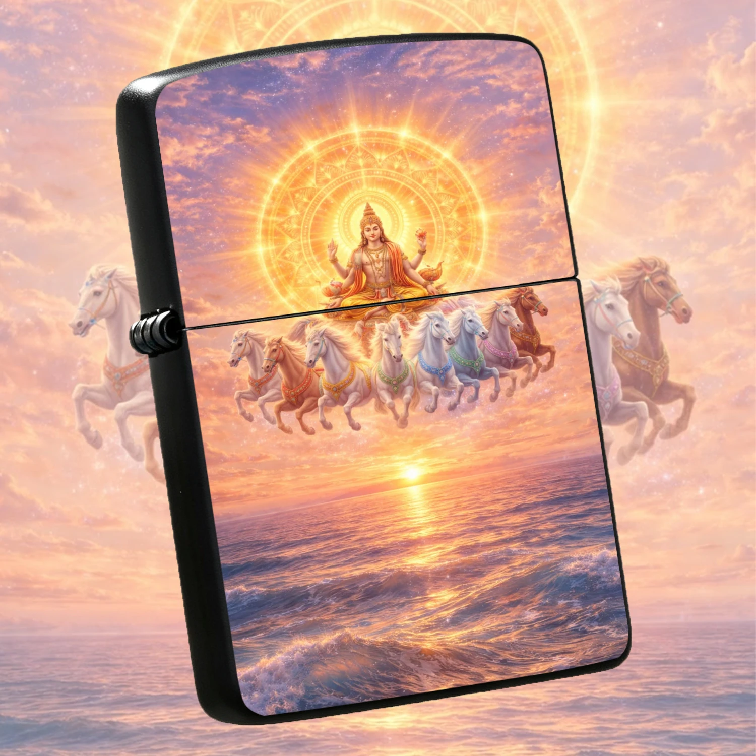 Hindu Lord Surya Auspicious Themed , Printed With The Sacred 8 Celestial Horses Chariot Flying Over Sunrise Sea, Exquisite Myth Cultural Collectible, Portable Practical Daily Accessory, Perfect For Culture Lovers, Daily Use, Gifting For All