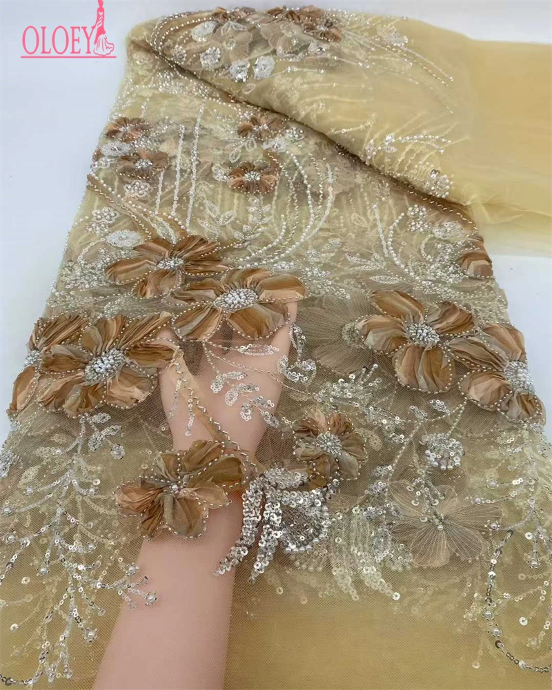 

OLOEY French African 3D Lace Fabric With Beaded High Quality Embroidery For Women Wedding Dress Nigerian Lace Mesh Fabric
