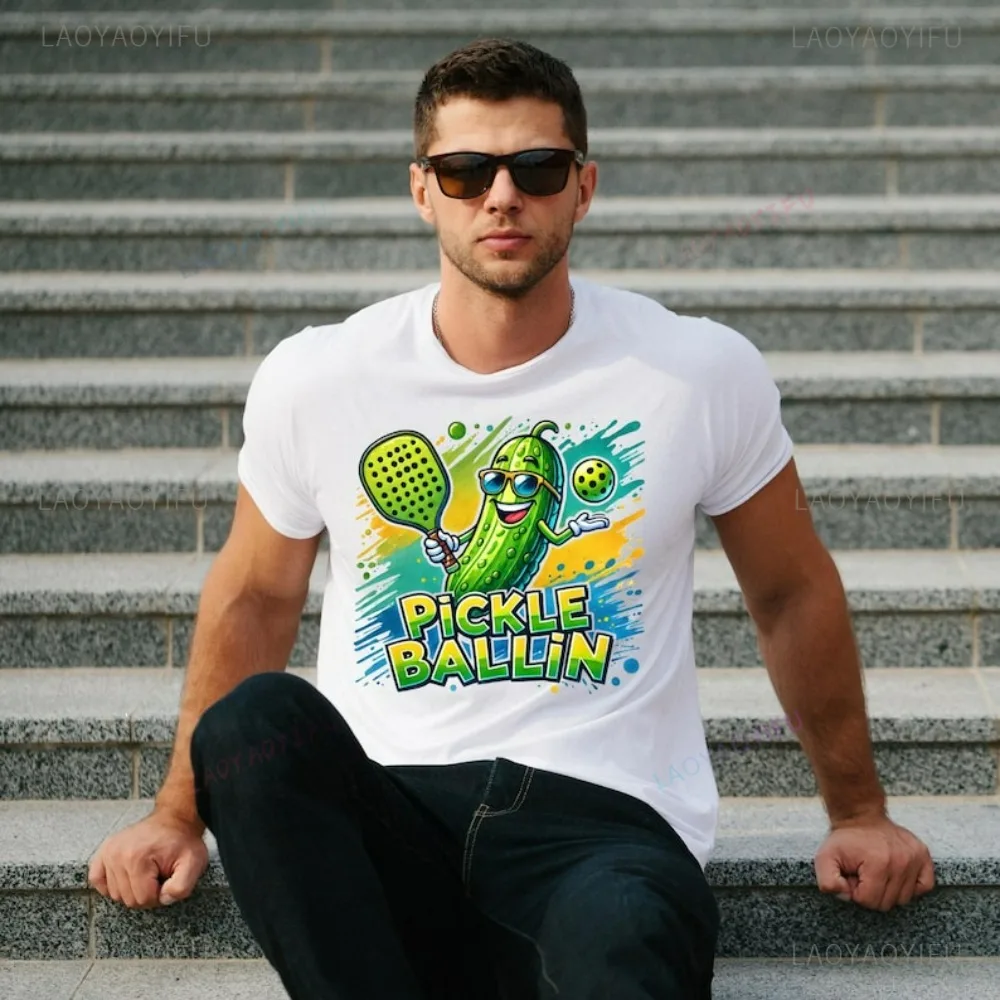 تي شيرت Pickle BalliN مطبوع من القطن الخالص، خلفية ملونة لغسل الحبر، خلفية صيفية ترفيهية رياضية ديناميكية للتنس للجنسين #1