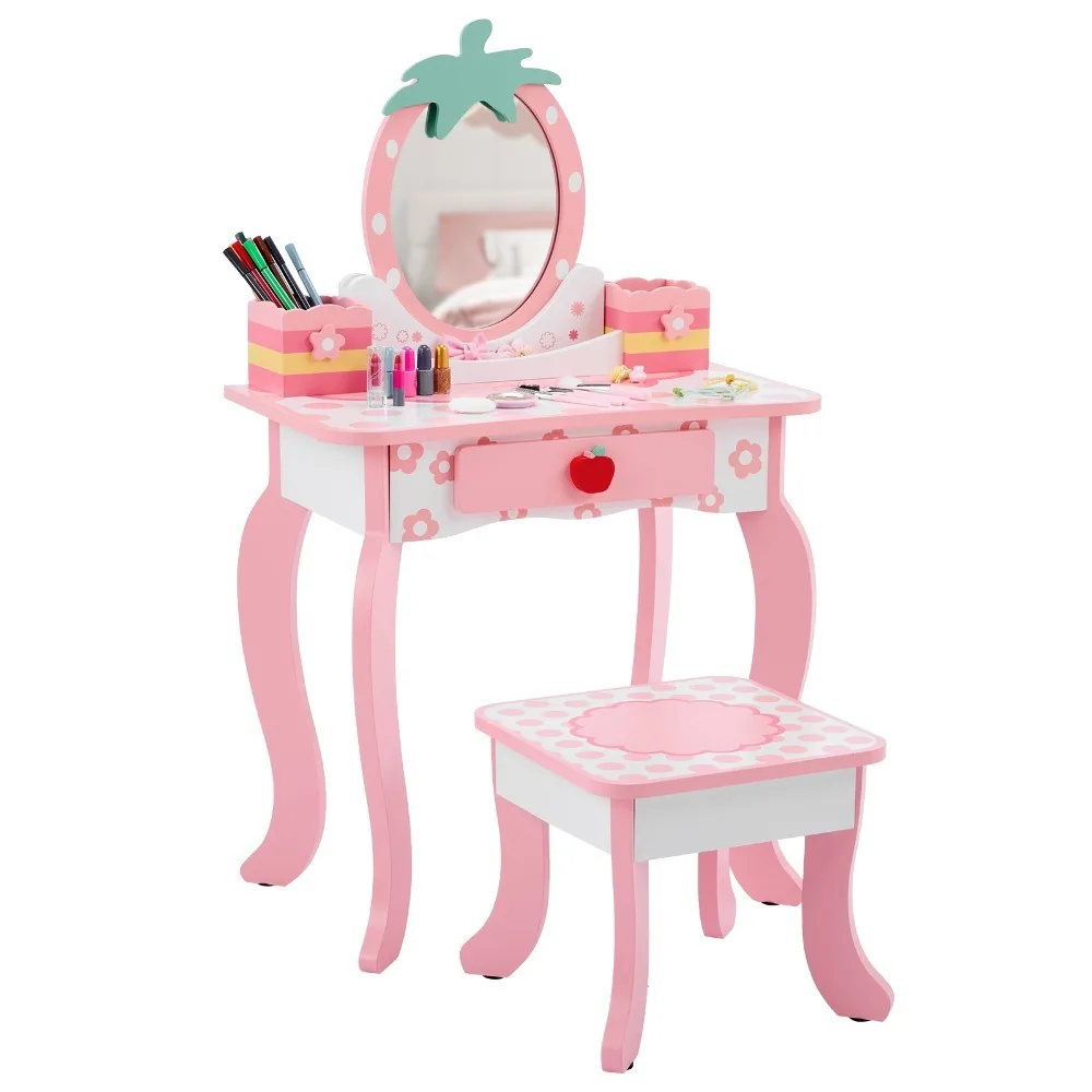 Girls Gift Vanity Makeup Table Girls Dressing Table Set with Mirror and Stool