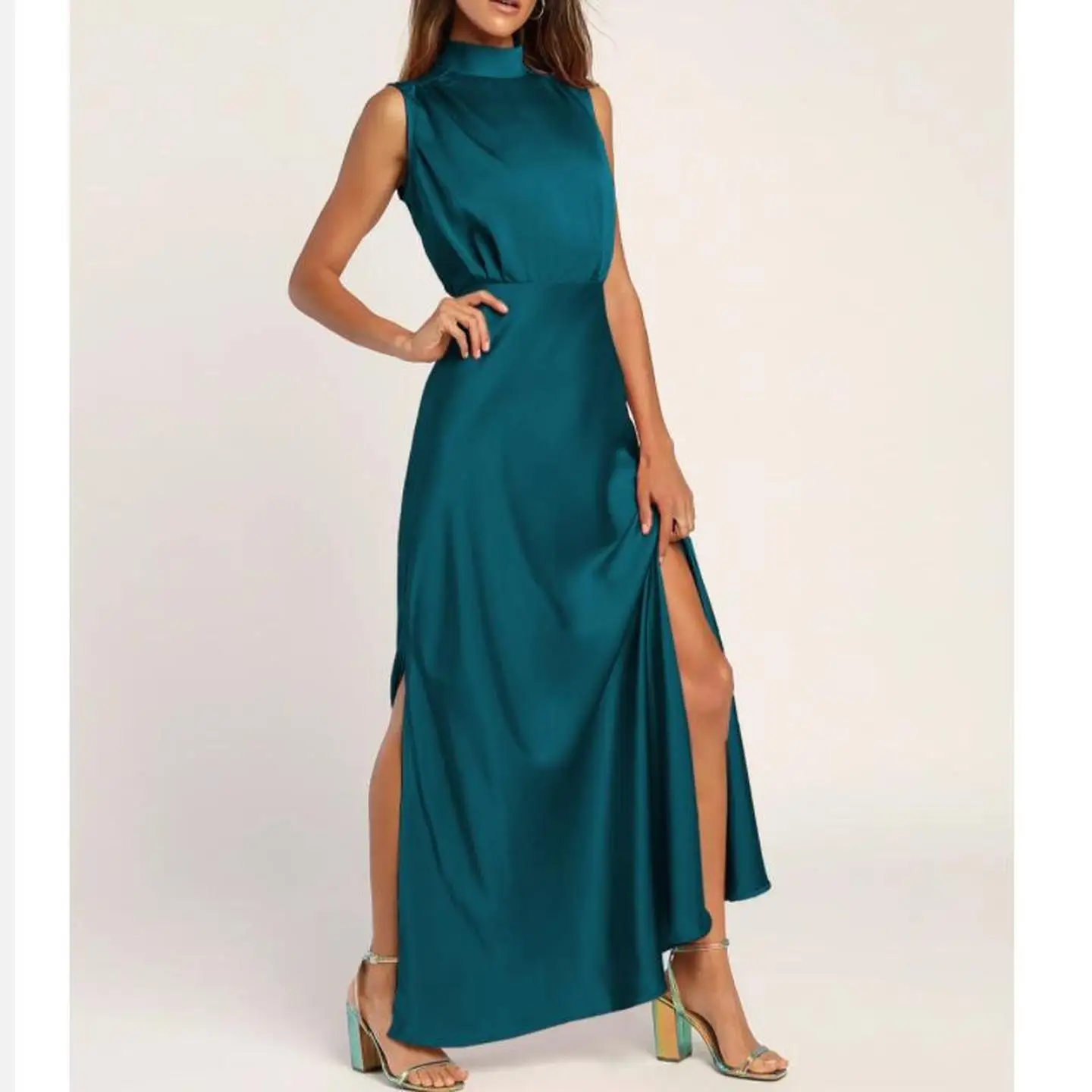 

Платье Street Sle средней длины из атласа с разрезом, воротником-стойкой и юбкой А-силуэта, из полиэстера, с круглым вырезом, Ciwalk Dr