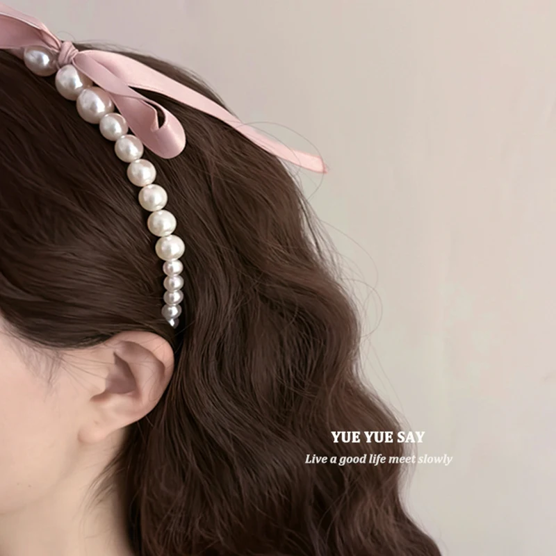 Korean Pink Satin Pearl Hair Band Cream Color Girl Bow Ribbon Sweet Temperament Headband Hair Hoop Headwear Jewelry Accessories