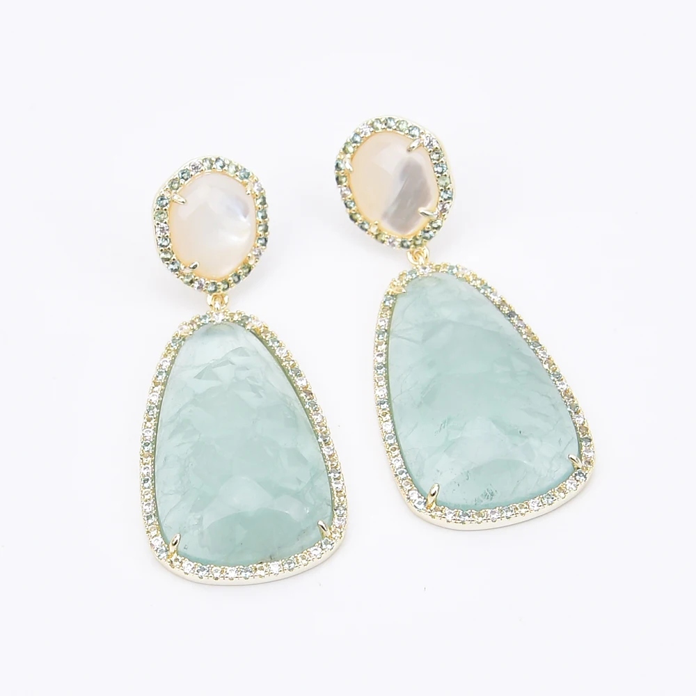 G-G Natural Teardrop Green Quartz Gold Plated Cz Paved White Sea Shell Stud Dangle Earrings Jewelry Gifts For Women