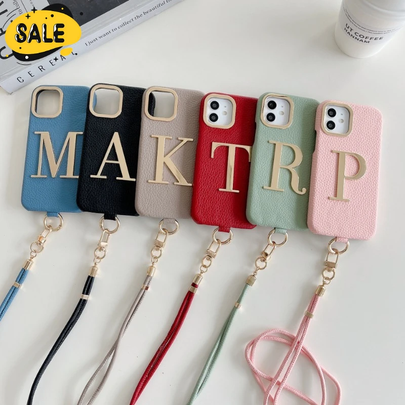 

Premium Luxury Customiezd Leather Name Letter Phone Case for Iphone 15 14 13 12 11 Pro Max 15plus Lanyard Protective Cover