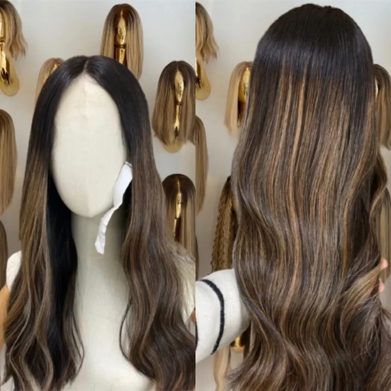 Premium Ombre Dark Brown Blonde Synthetic HD Lace Front Wig Chestnut Brown Lowlights HD Transparent Lace Wig Women Cosplay Daily