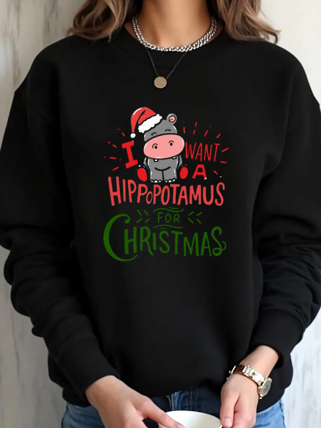 

Женская толстовка большого размера с рождественским принтом бегемота для верхней одежды