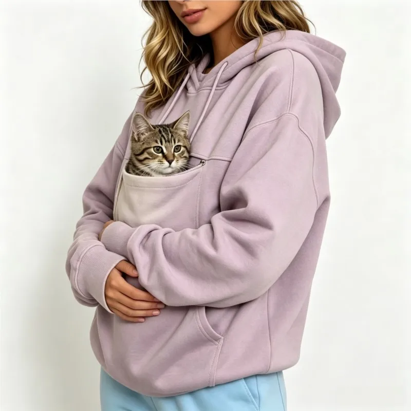 Pet Carrier Hoodie with Pet Pocket Drawstring Long Sleeve Cat Dog Holding Pullover Solid Loose Casual Pet Lover Sweatshirt2026