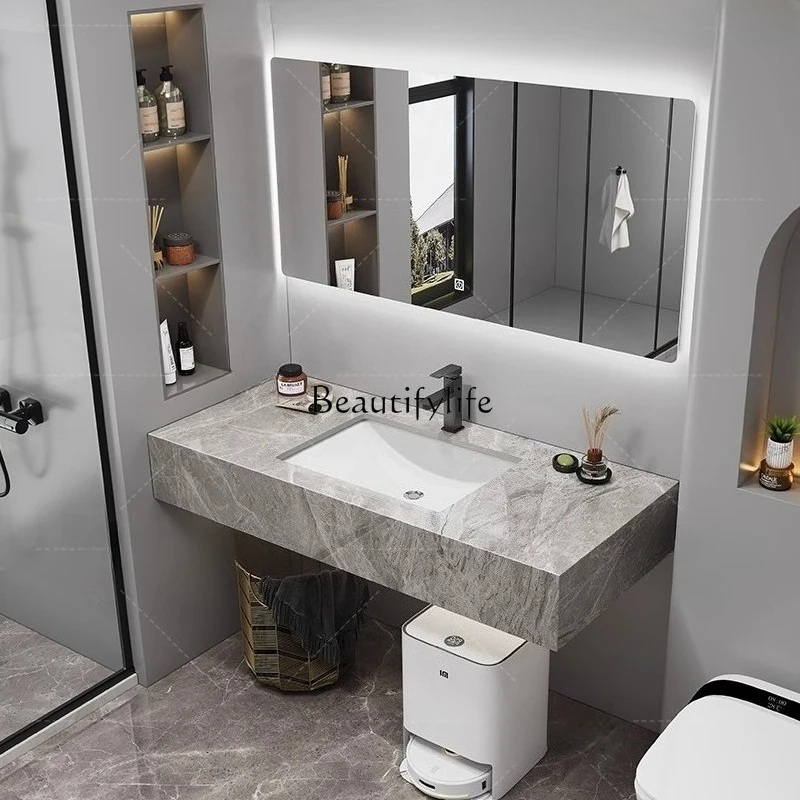 

Simple glossy rock slab integrated bathroom cabinet combination hotel bathroom customization