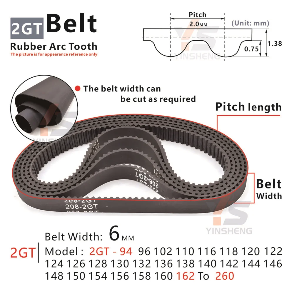 3D Parts 2M Timing Belt Perimeter 94-260 MM Model 96-2GT 98-2GT 100-2GT 102-2GT 104-2GT To 260-2GT  Synchronous Belt width 6 MM