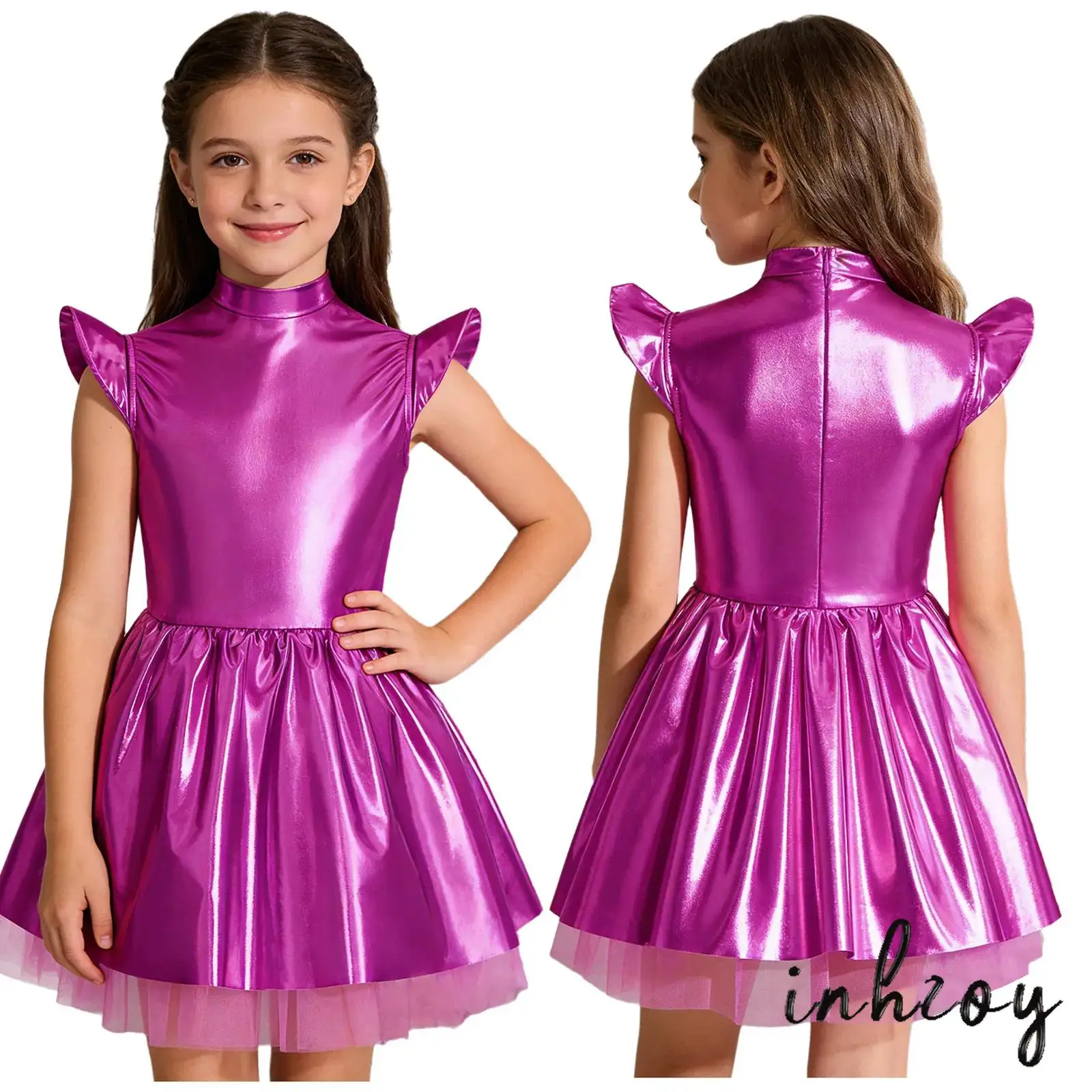 

Kids Girls Alien Cosplay Costume Glossy Mock Neck Flying Sleeve Ruffled Cosplay Dress for Halloween Carnival Dress Up