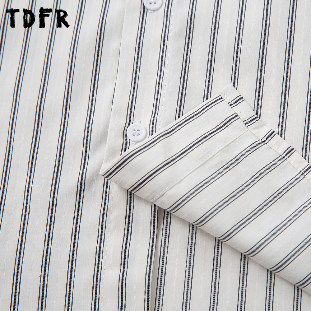 Pocket Vertical Stripes Shirts Mens Autumn Casual Loose Single Breasted Lapel Long Sleeve Shirts Man