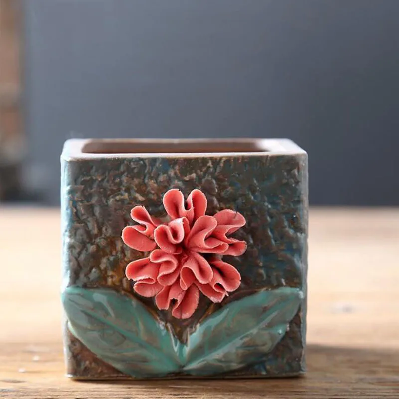 Coarse Pottery Relief Flower Ball Bonsai Pot Succulent Plant Pot Vase Breathable Flowerpot Desktop Ornaments Home Decoration