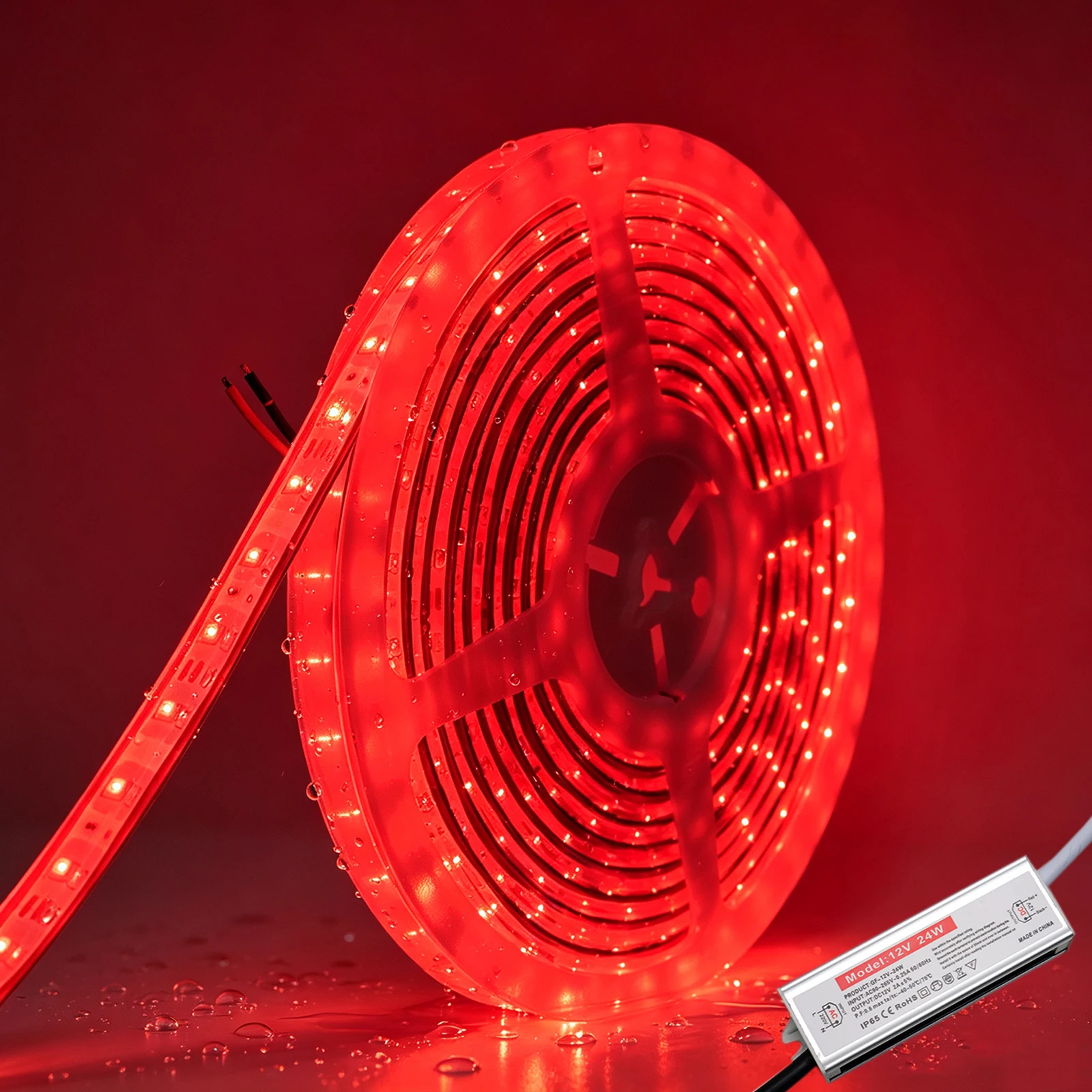 ip68防水規格、660nmの赤色ledを使用したledストリップライトキット。164フィート（5メートル）のフレキシブルなライトストリップで、12v-24wの電源アダプターが付属。1メートルあたり60個のled。