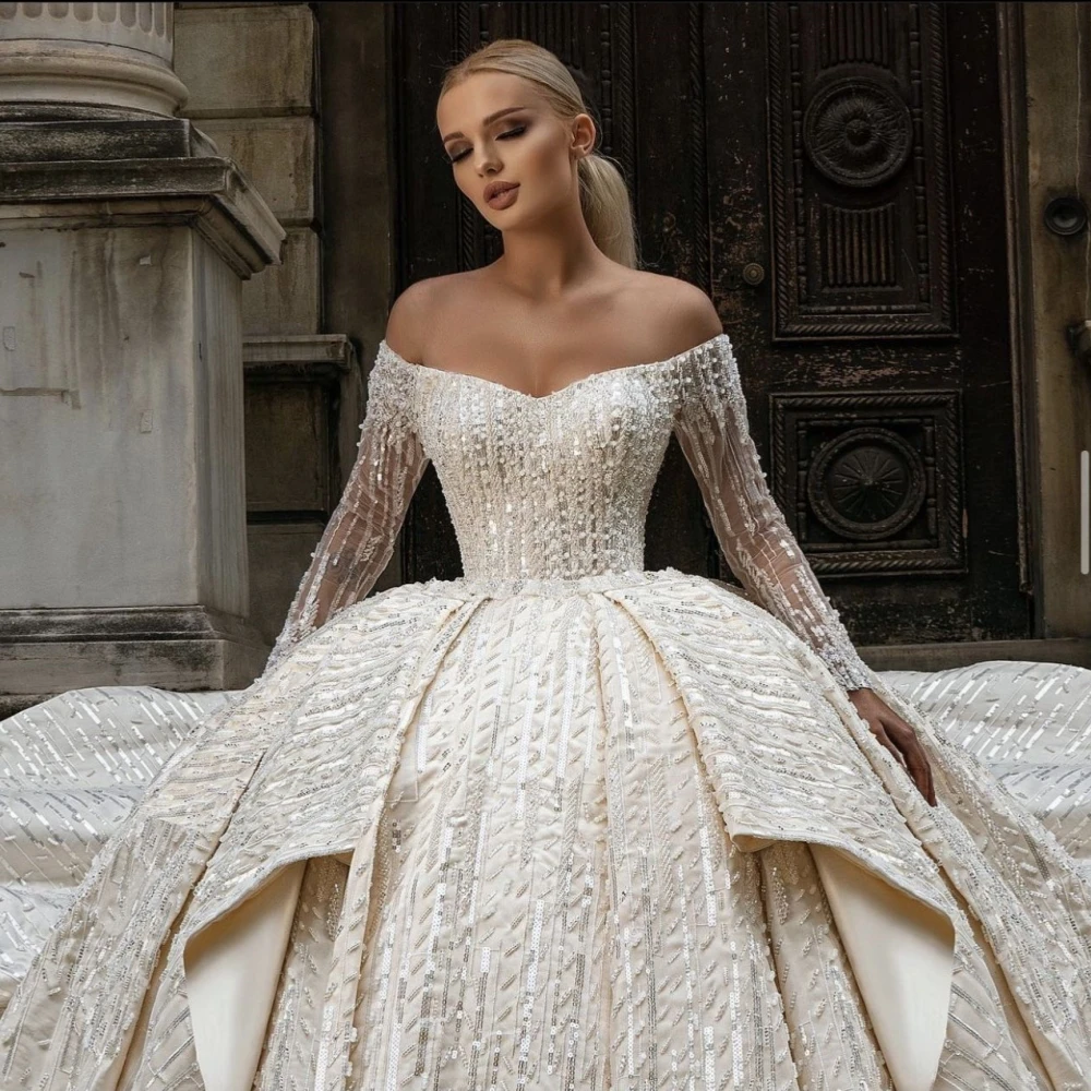 Stunning Pearls Sequins Wedding Dress Romantic Luxurious Bridal Gown Customized Women Dreamy Illusion Sleeves Birde Dress