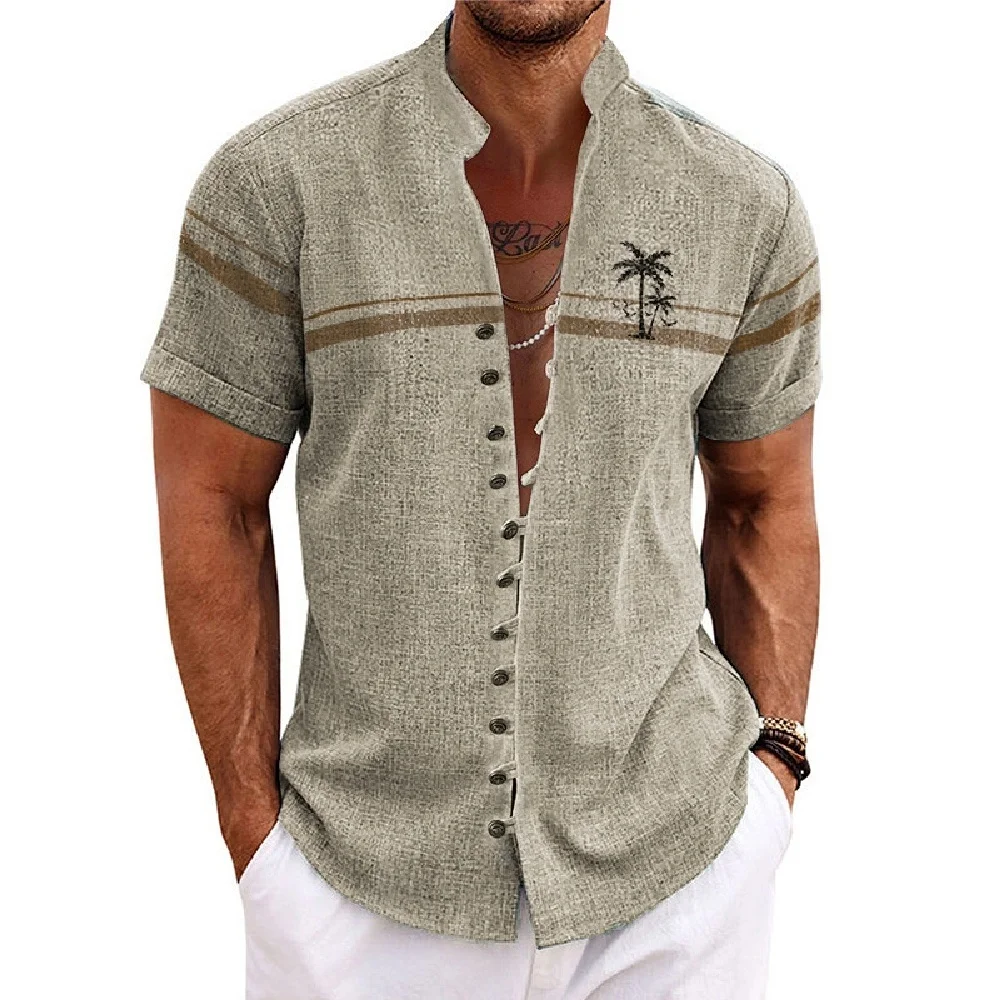 

New Men's Linen Short-sleeved Shirt, with A Fashionable Retro Style, Ethnic Motif Printing, Comfortable and Breathable. Men's Sh