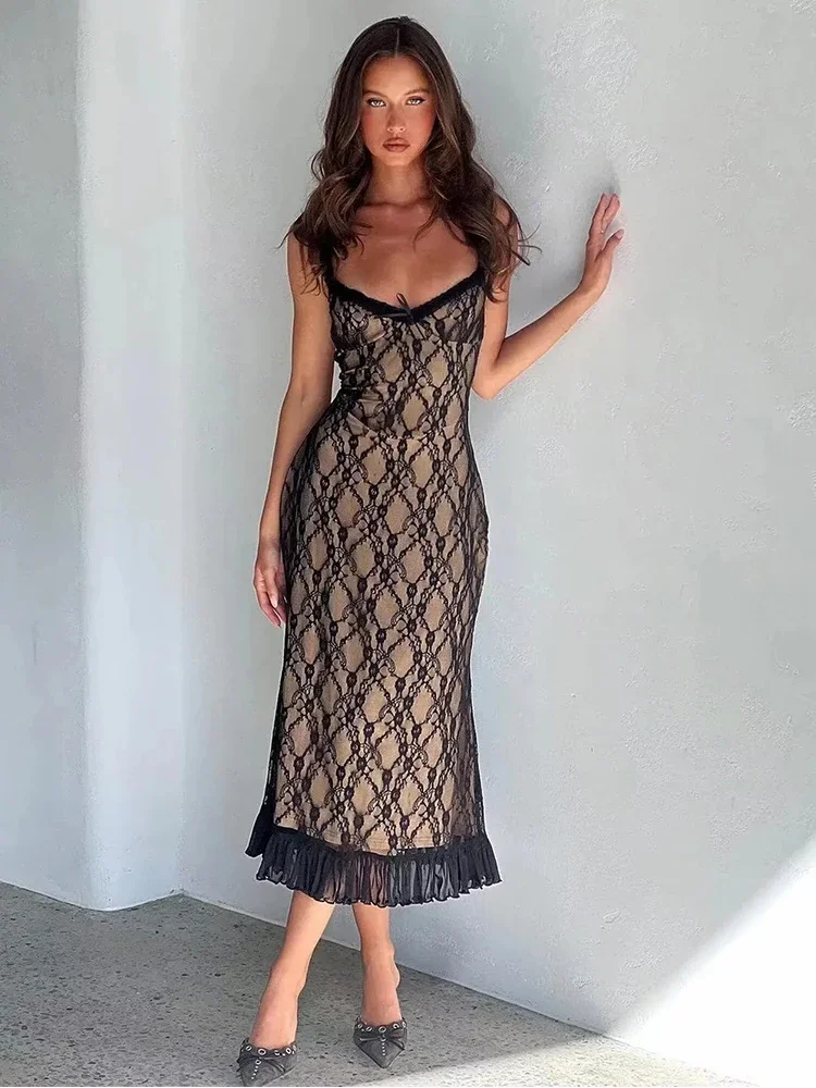 Foridol Lace Mesh Bodycon Midi Party Dress Women Apricot Ruffles Elegant Black Sexy Club Shealth Dress Robe 2024 Tank Dress