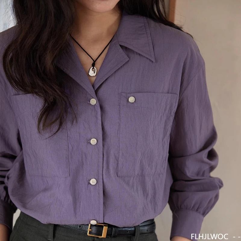 Mélanges de coton hauts chemisiers nouvelle mode Design français femmes à manches longues bureau dame bases violet vert rétro Vintage chemises