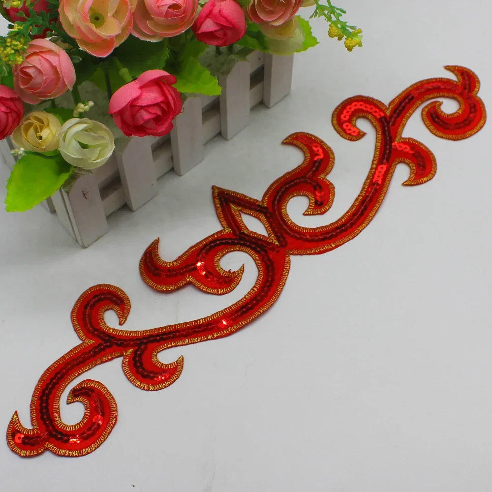 1 Piece Gold Embroidery Trims Sequined Flower Applique Iron On Patches Dance Dress Cosplay 35.5-7cm