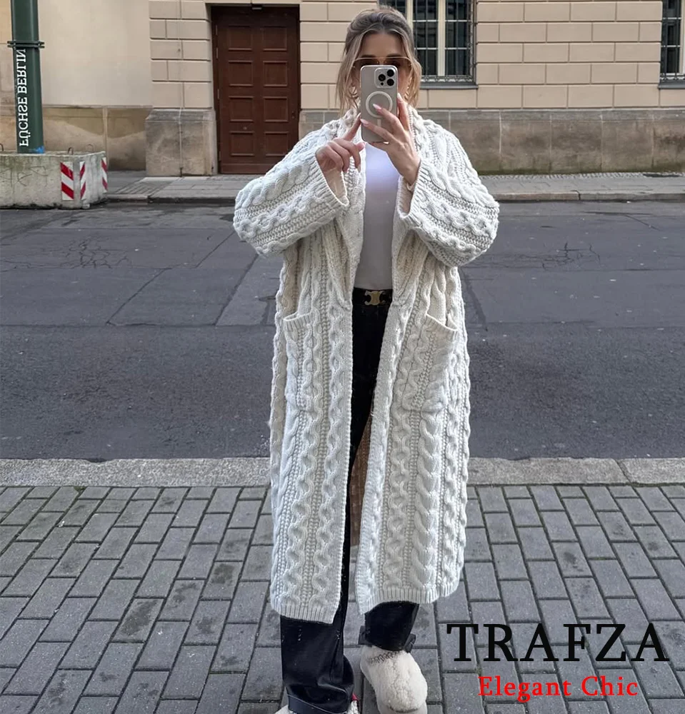 

TRAFZA-женский теплый вязаный свитер, вязаное простое пальто с карманами, мода 202, весна-осень, новая домашняя одежда, классическая куртка, пальто