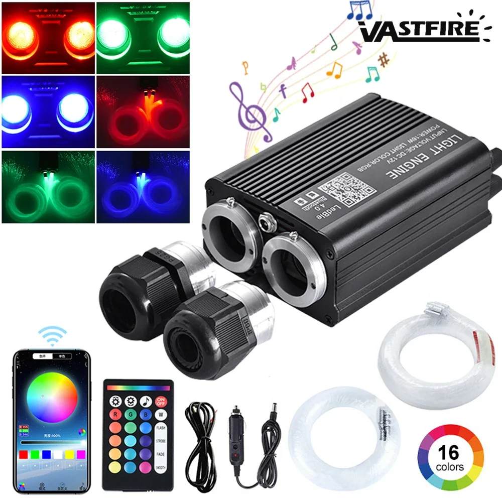 Luz de meteorito para coche, lámpara de fibra óptica de doble puerto, 32W, RGBW, 800-1000 piezas, Control por aplicación, Kit de luz de techo de estrella de fibra óptica