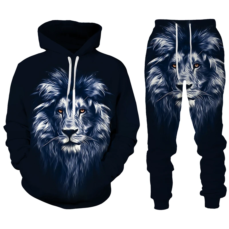 Trend Animal The Lion 3D Print Men\'s Tracksuit Sets Casual Hoodie And Pants 2pcs Sets Oversized Sweatshirt Fashion Men Clothing