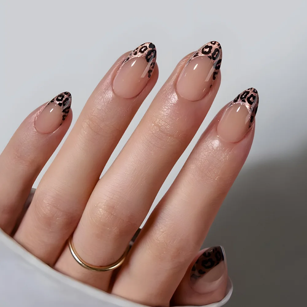 

Накладные ногти Leopard Press on Nails, короткие квадратные, с черным френч-дизайном, на клеевой основе, глянцевые, акриловые, милые, набор для маникюра.