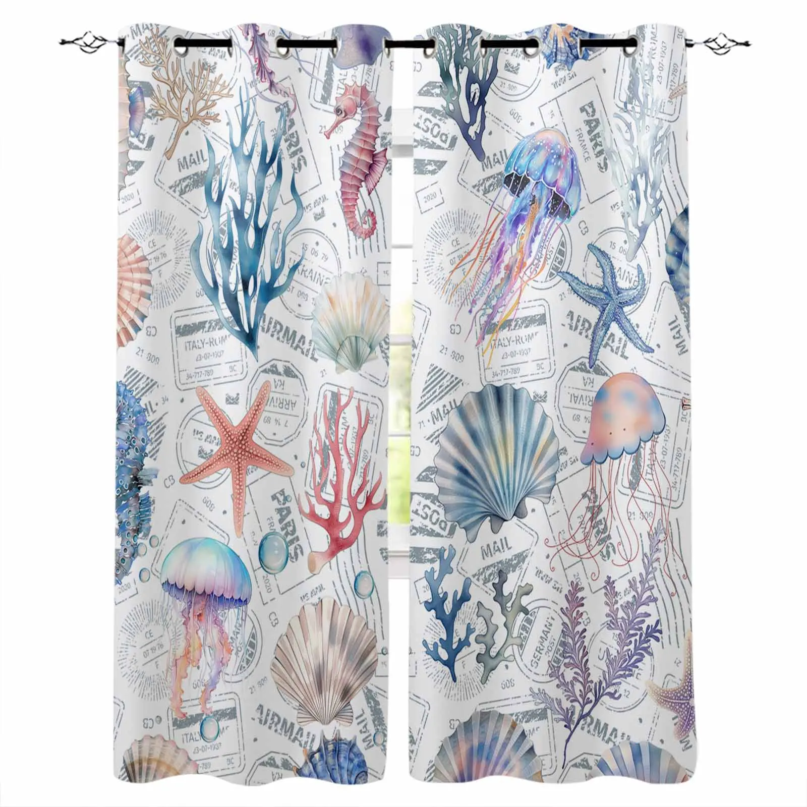 Marine Jellyfish Starfish Seahorses Shells Window Curtains for Living Room Kitchen Curtain Bedroom Decorative Window Treatments