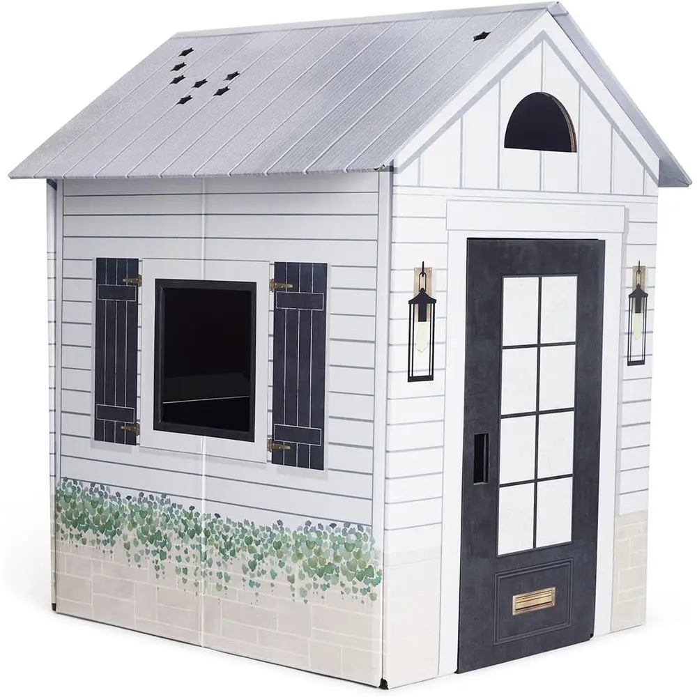 

Foldable White Kids Playhouse with Black Accents and Decorative Features for Indoor Play