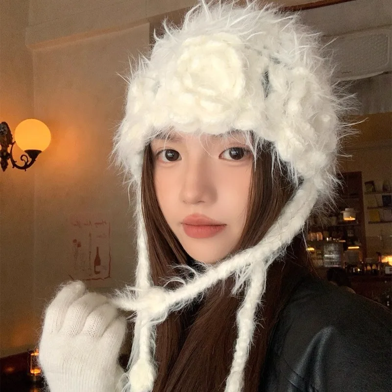 

Корейская атмосфера, вязаные крючком ручной работы с кисточками, вязаные шапочки Y2K, осенне-зимние теплые универсальные милые женские шапки для путешествий