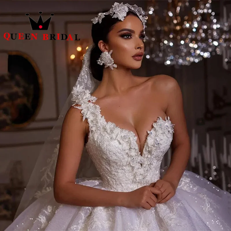 One Shoulder Exquisite Wedding Dresses Appliques Lace Sequined Pearls Bride Ball Gowns Sleeveless Robe De Mariée Custom Y78X