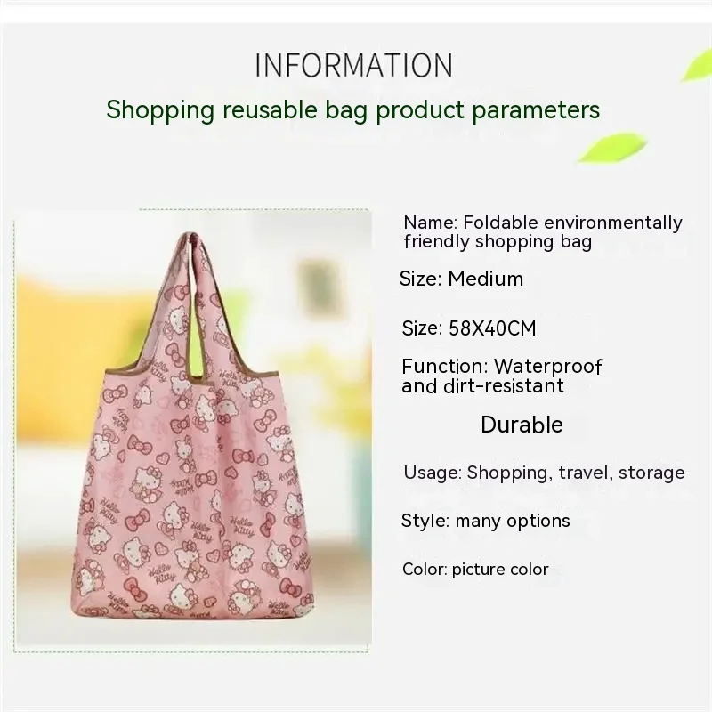 Hello Kitty Large Folding Shopping Bag Polyester Eco Bag Cartoon Shoulder Bag Handbag Outdoor Portable Storage Bag   58cmX40cm