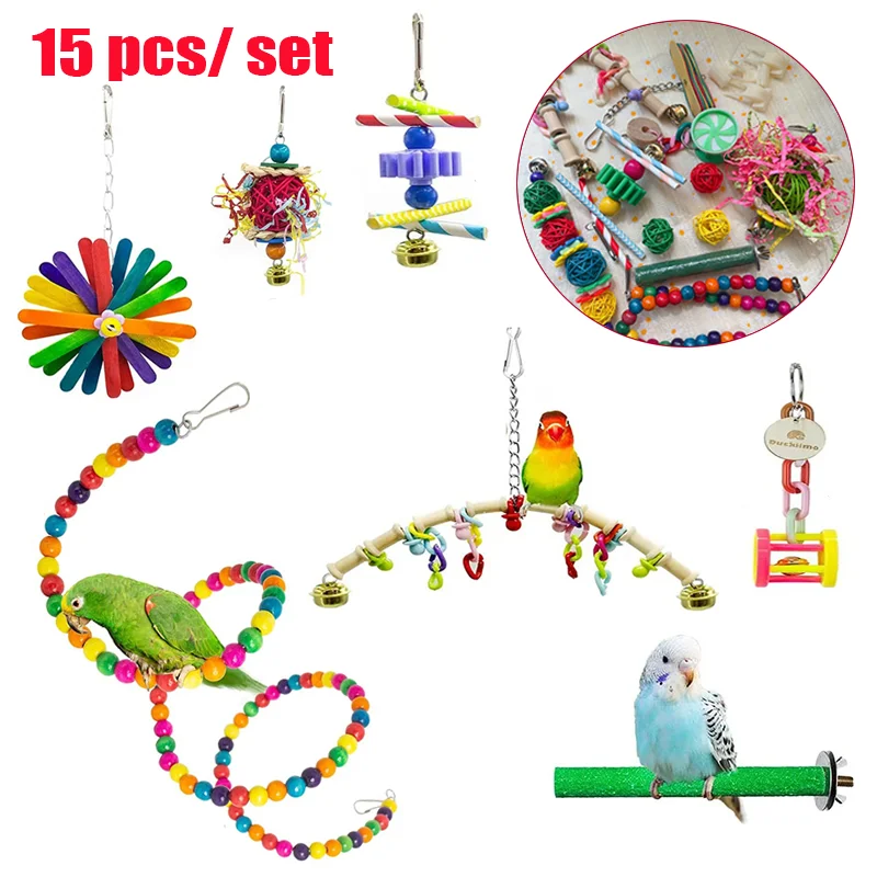 

15pcs/Set Bird Cage Toys for Parrots Wood Birds Swing Reliable Chewable Bite Bridge Wooden Beads Shape Parrot Toy