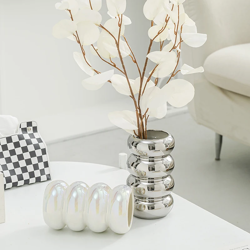 Light Luxury Wind Ceramic Vase Ornaments Living Room Creative Decorations Table Feeling Silver Plated Flower Arrangement