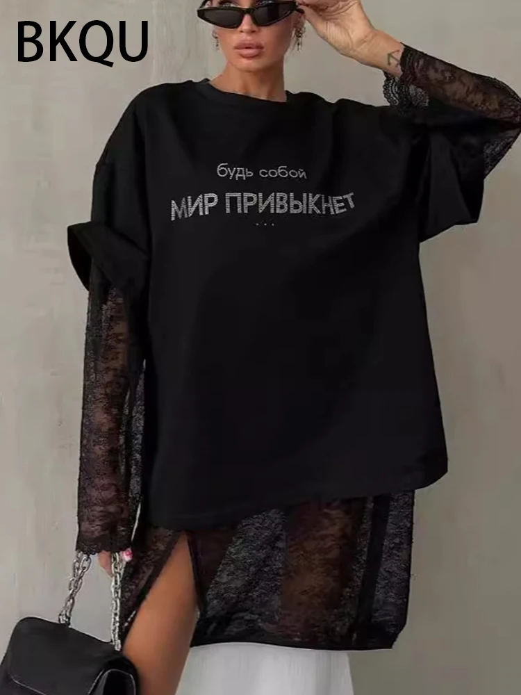 BKQU Solid Black Oversized T shirts Women 2000s American Rhinestone Letter Short Sleeve Loose Tees Shirt Luxury Higt Street Tops