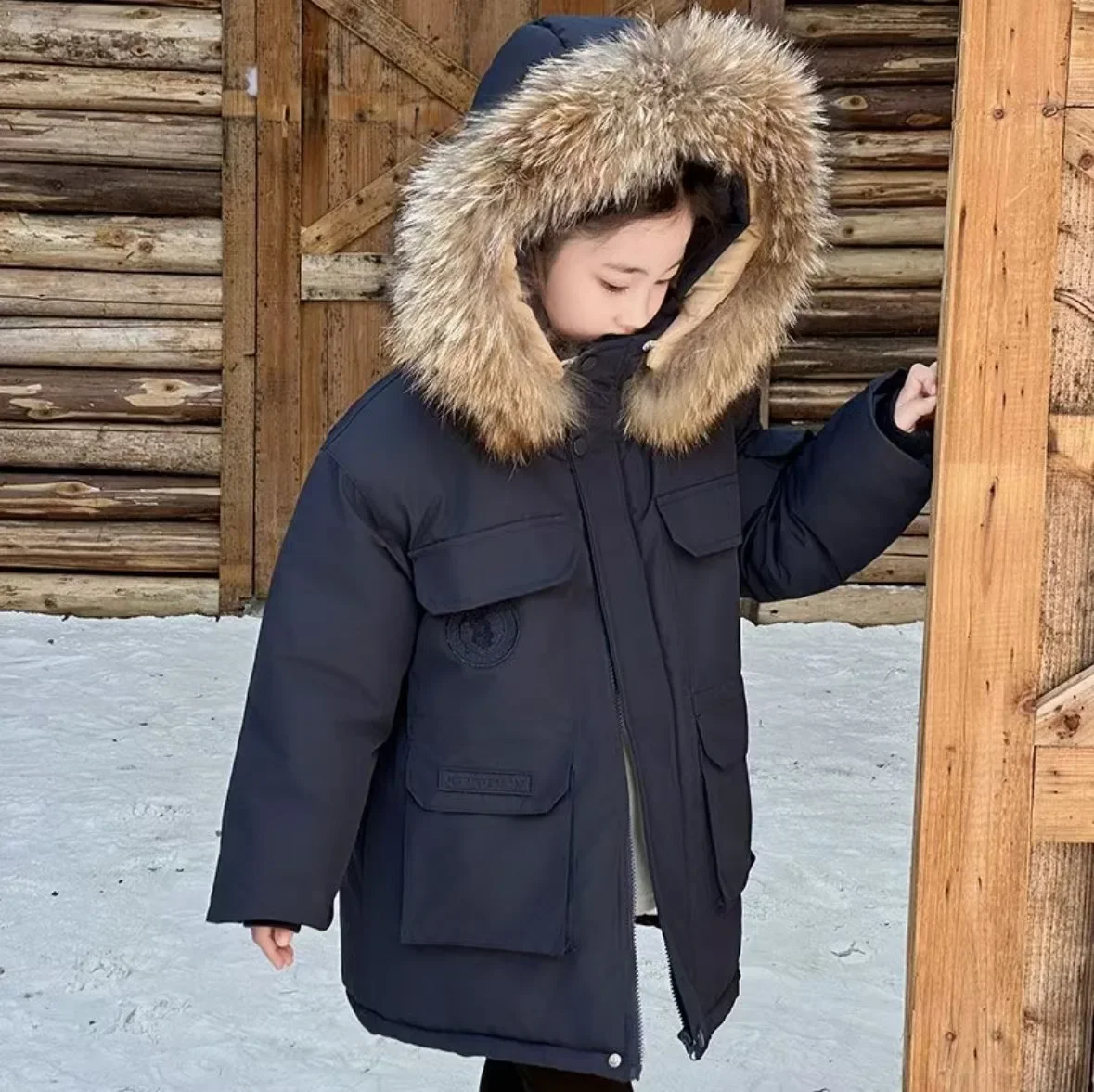 Thickened Down Parka Jacket for Boys Girls With Fur Collar Warm Fluffy Lining Casual Outerwear Children's Fashion Winter Coat