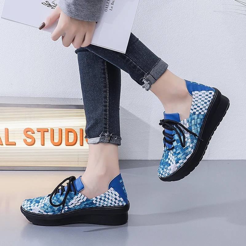 STRONGSHEN Women Platform Handmade Woven Shoes Women Slip on Casual Breathable Shoes Wedge Lace UP Shoes Women Footwear Shoes