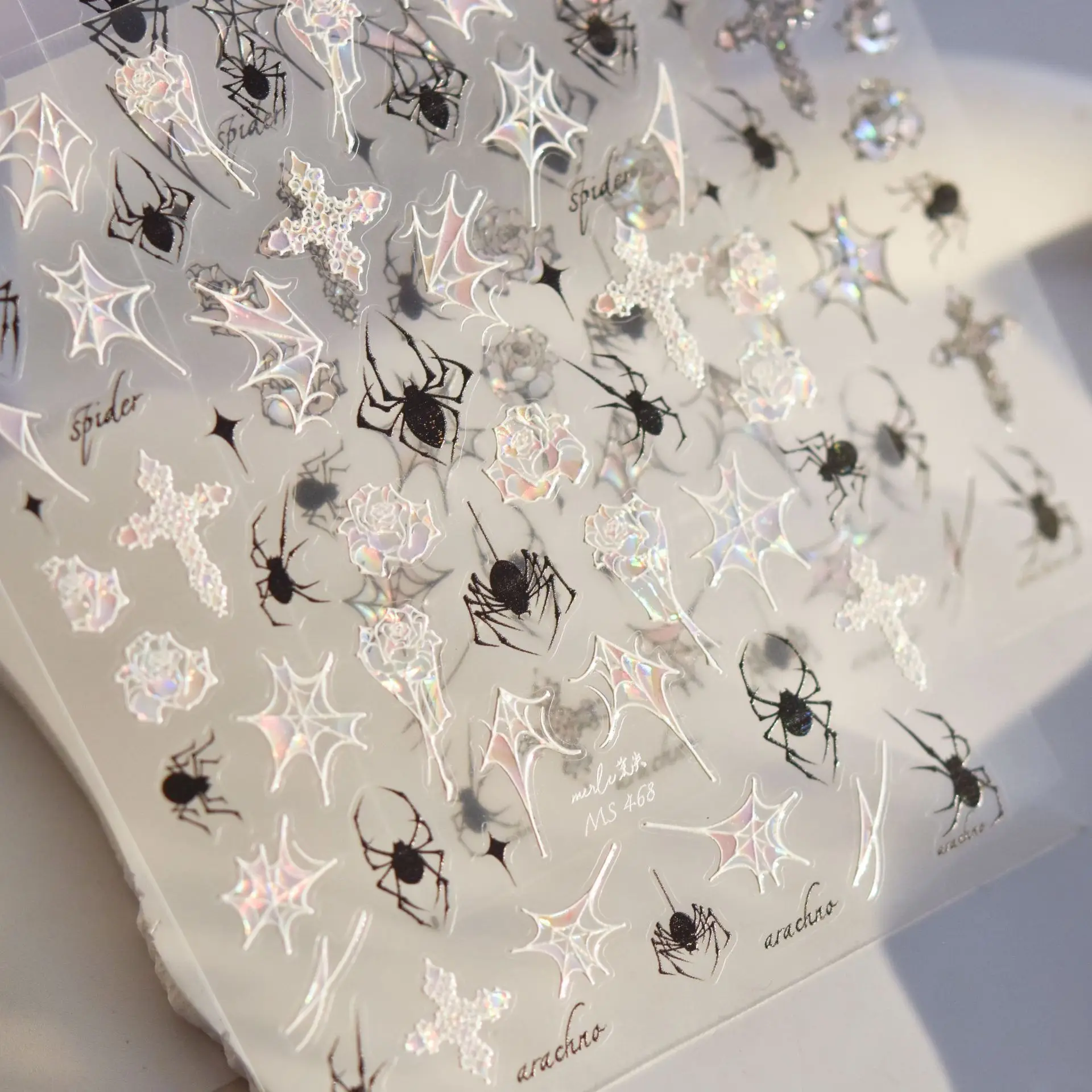 Hochwertige Halloween schwarz-weiße funkelnde Muschel Licht Spinnennetz Rose Nagelaufkleber Kunst Aufkleber Design Maniküre Werkzeug MS-468 – Detail 5