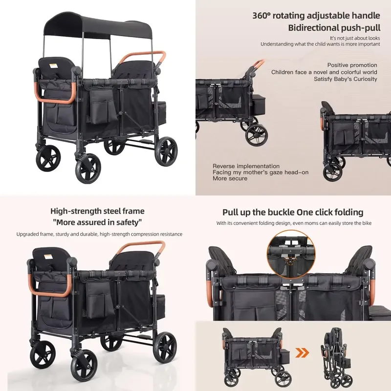 High Quality Camper Van Twin Baby Stroller Steel Tube Collapsible Push-pull Sitting Outdoor Camping Stroller