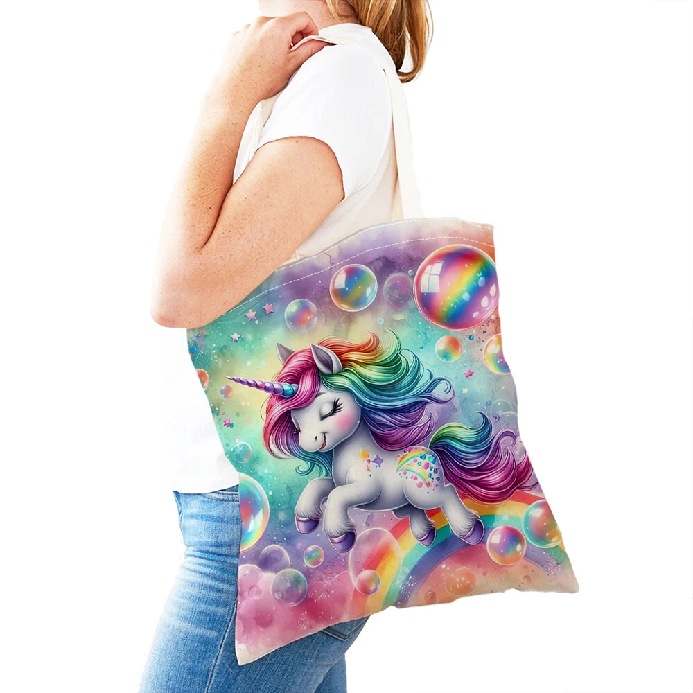 Bolsos de compras bonitos de animales de dibujos animados para mujer, bolso de compras de regalo para niños con doble estampado, bolso de hombro con diseño de unicornio mágico para mujer