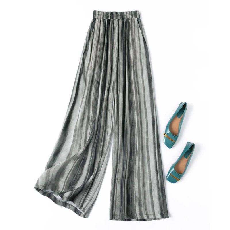 

95% Mulberry Silk 5% Spandex 21 momme Heavy Silk Women Pants Stripes Printed Wide Leg Elastic Waist Long Trousers M1490