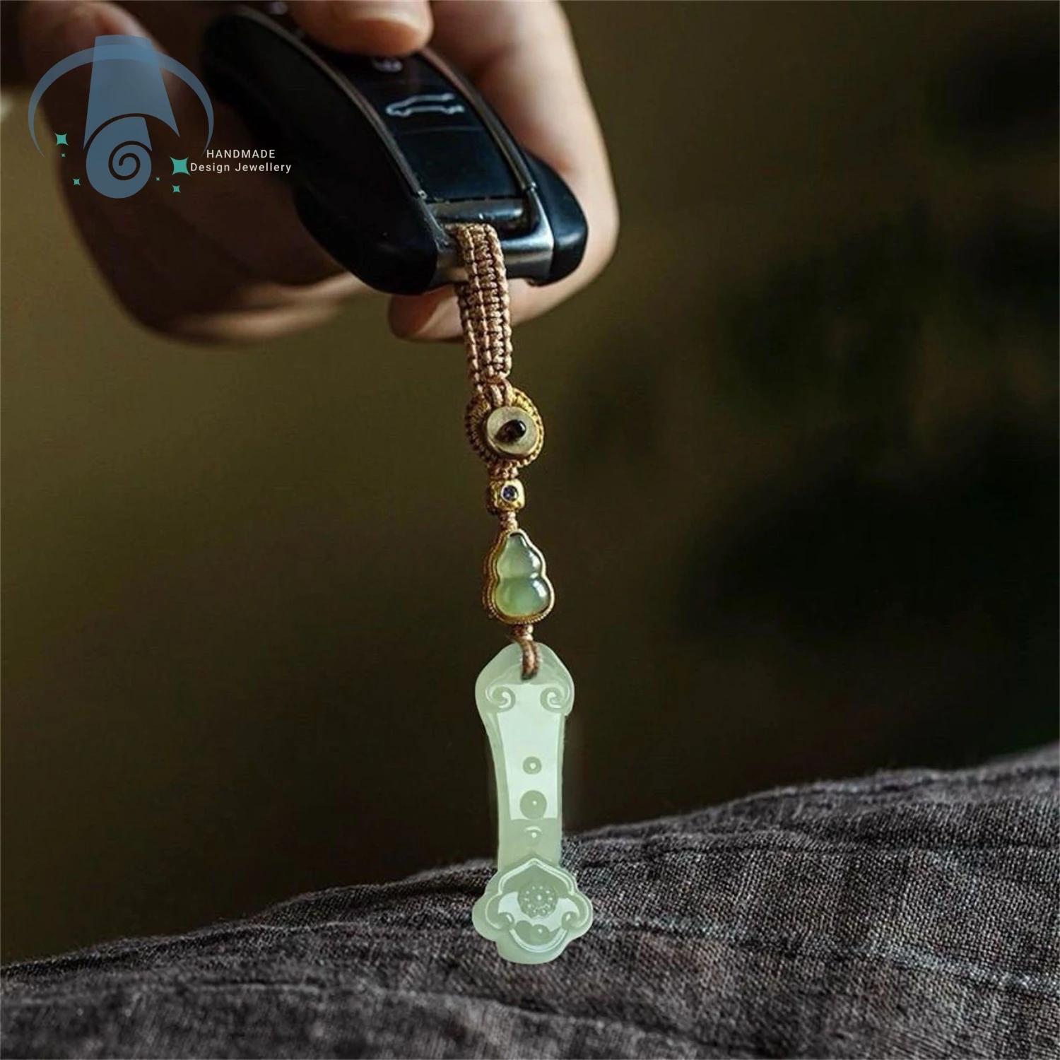 Natural Hetian Jade Ruyi Pendant Necklace Car Keychain Light Cyan Safety Charm Minimalist Unisex Polished Gift for Men Women Bag