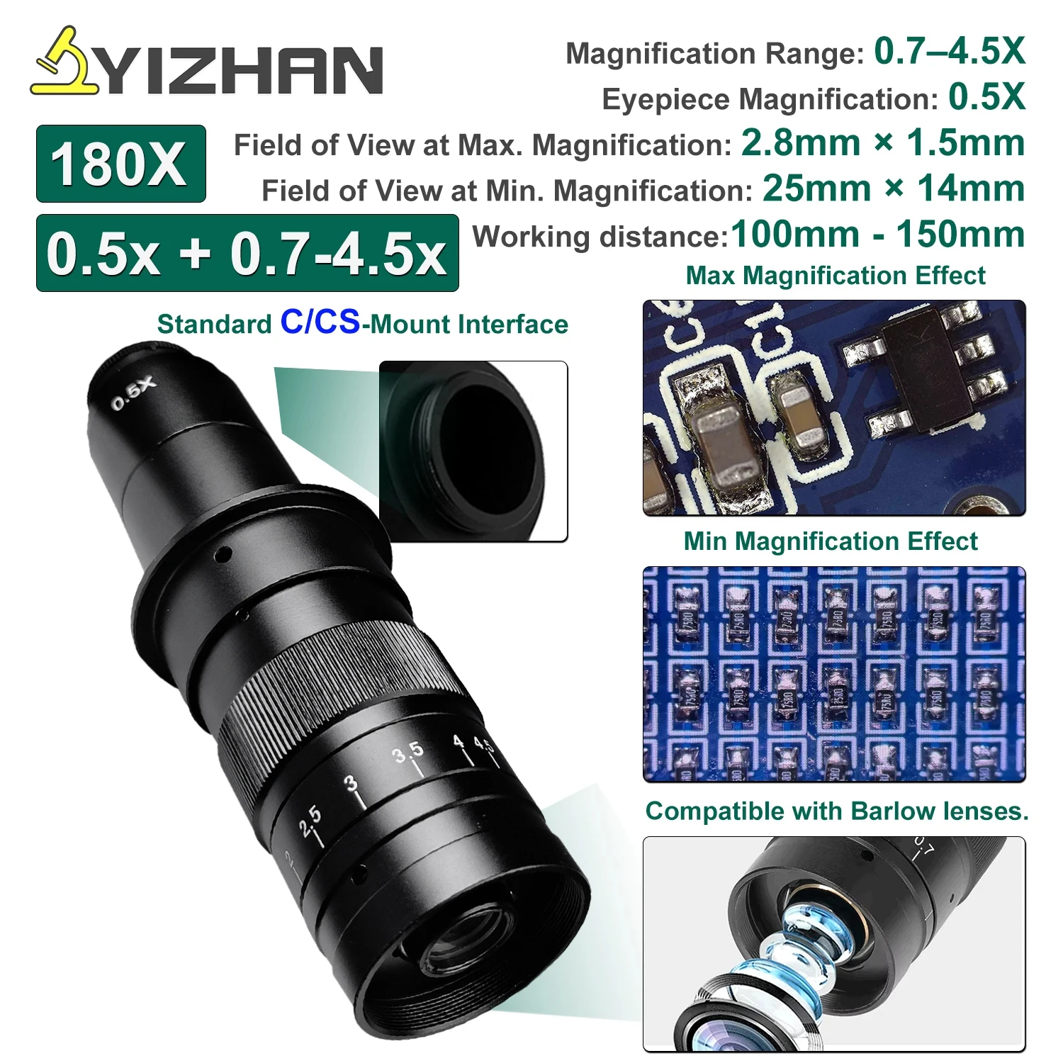 YIZHAN 0,7-4,5x Einstellbare Vergrößerung 180X Mikroskop-Objektiv Zoom C-Mount-Objektiv 0,5x Okular-Objektiv für HDMI-Mikroskopkamera