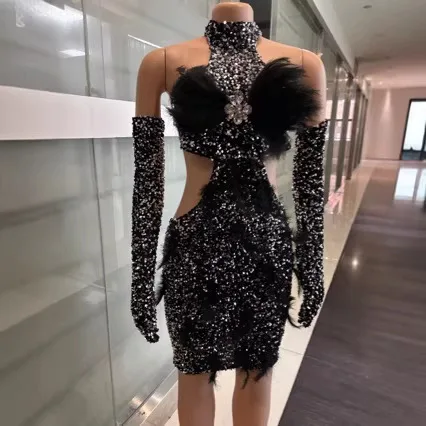 

New shiny sequined glamorous feather collar dress for birthday party banquet and formal evening gown