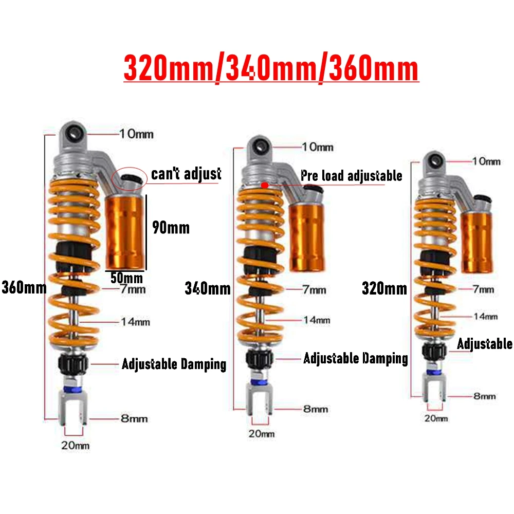 320mm/340mm/360mm Motorcycle Scooter Adjustable Damping Rear Shock Absorber For Honda Suzuki Kawasaki Yamaha Dirt Bike Quad ATV