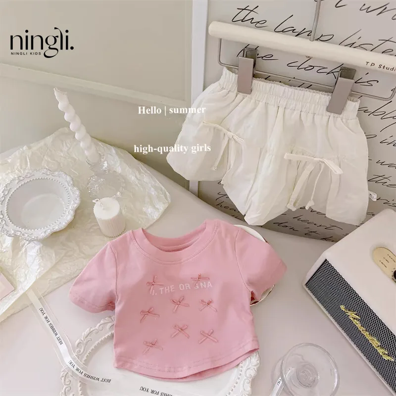 

Summer new super sweet ballet princess small bow top short-sleeved bud skirt baby girl suit trendy