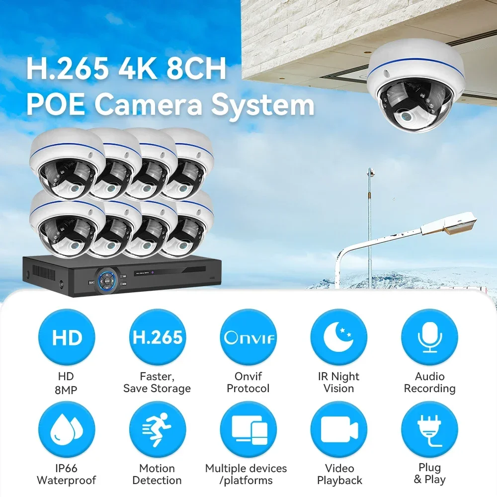 8CH POE NVR Security Kit 4K 8MP Dome IP Camera System Motion Detection Outdoor Waterproof Remote View CCTV Surveillance System