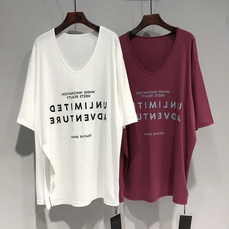 Summer plus Size Women's T-Shirt Loose V-Neck Short Sleeve Belly Covering Long Style Korean Commute Fashion Text Pattern
