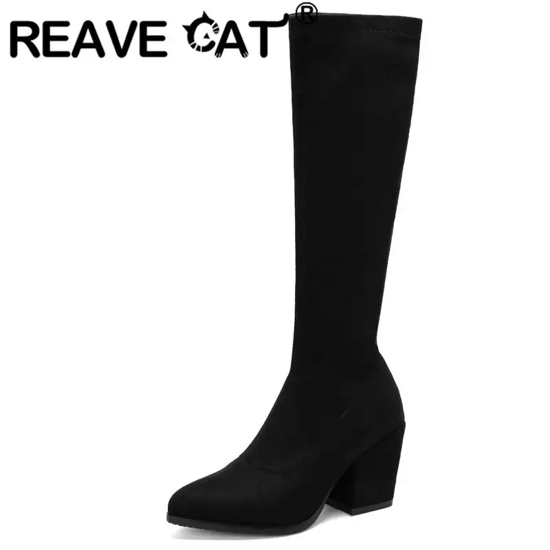 

REAVE CAT Women Boots Knee High 37cm Chunky Heels 8cm Pointed Toe Zipper Flock Suede Large Size 34-48 Solid Concise Daily Shoes