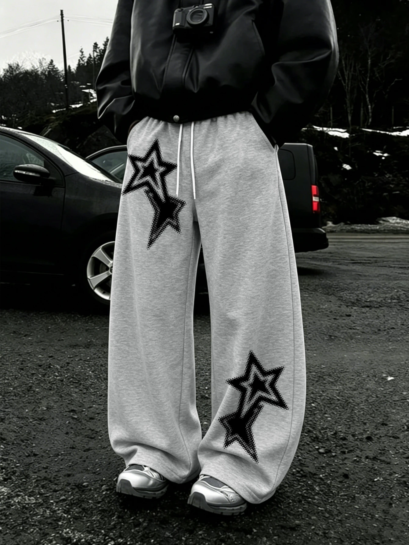 Men Y2K Streetwear Baggy Sweatpants, Halftone Dot Nested Double‑Star Diagonal Asymmetrical Print Drawstring Loose Wide Leg