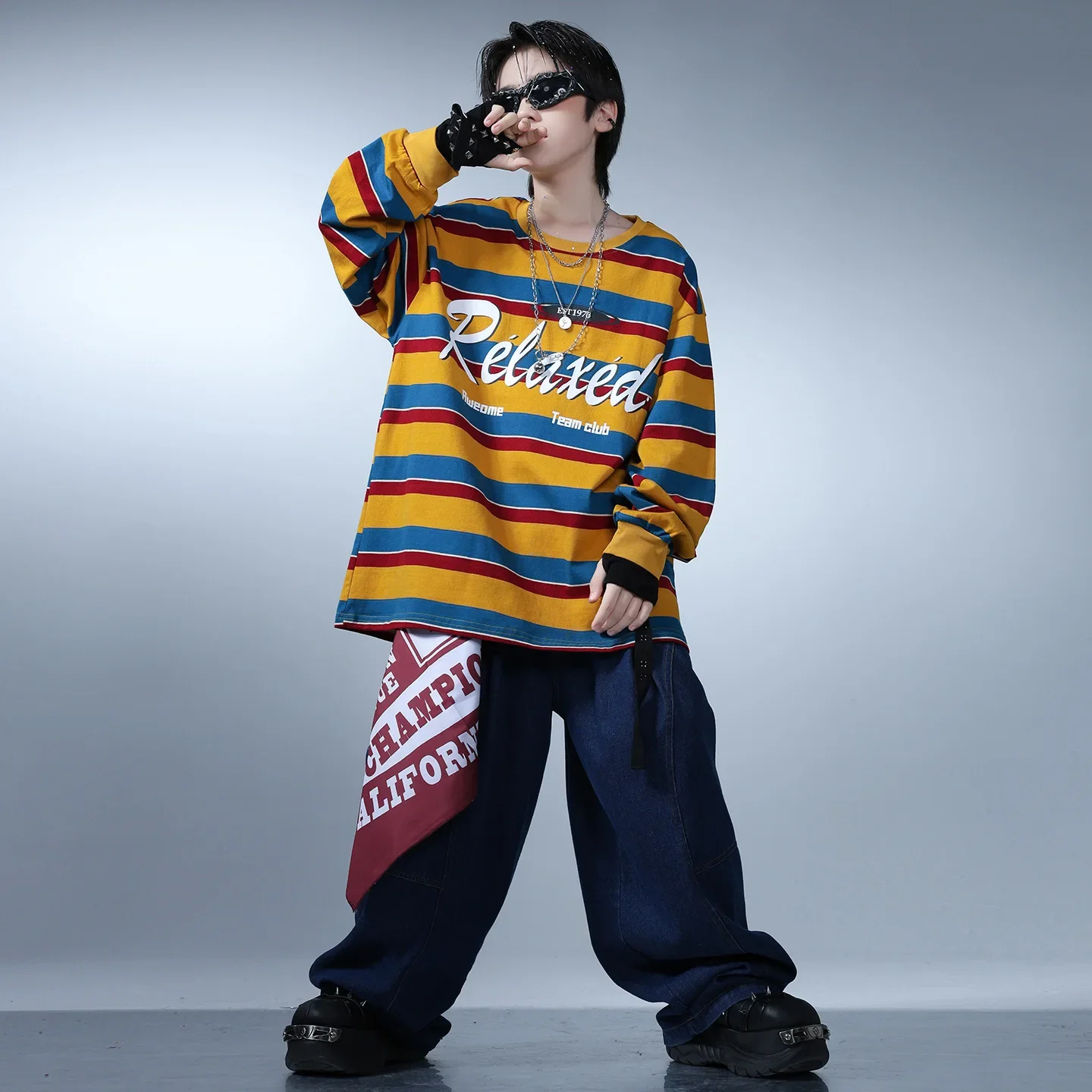 Criança kpop hip hop roupas amarelo listrado moletom denim azul calças largas calças largas para menina menino trajes de dança de rua roupas
